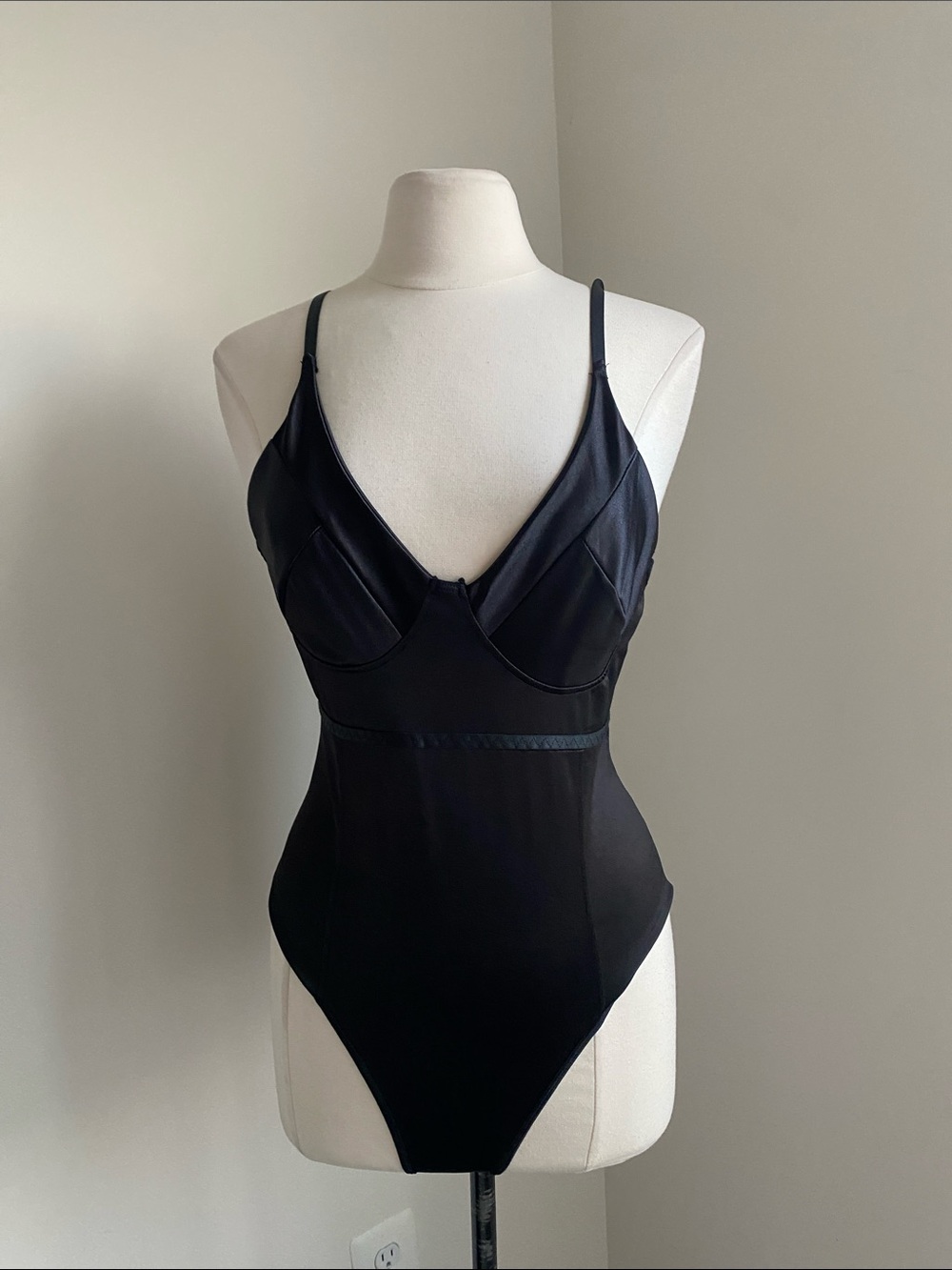 Satin One-Piece Bodysuit Womens Sz Large Black